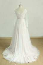 Stylish Long Sleeves V Neck Tulle Wedding Dress Appliques A Line Bridal Gowns