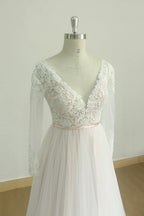 Stylish Long Sleeves V Neck Tulle Wedding Dress Appliques A Line Bridal Gowns