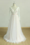 Stylish Long Sleeves V Neck Tulle Wedding Dress Appliques A Line Bridal Gowns