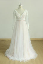Stylish Long Sleeves V Neck Tulle Wedding Dress Appliques A Line Bridal Gowns
