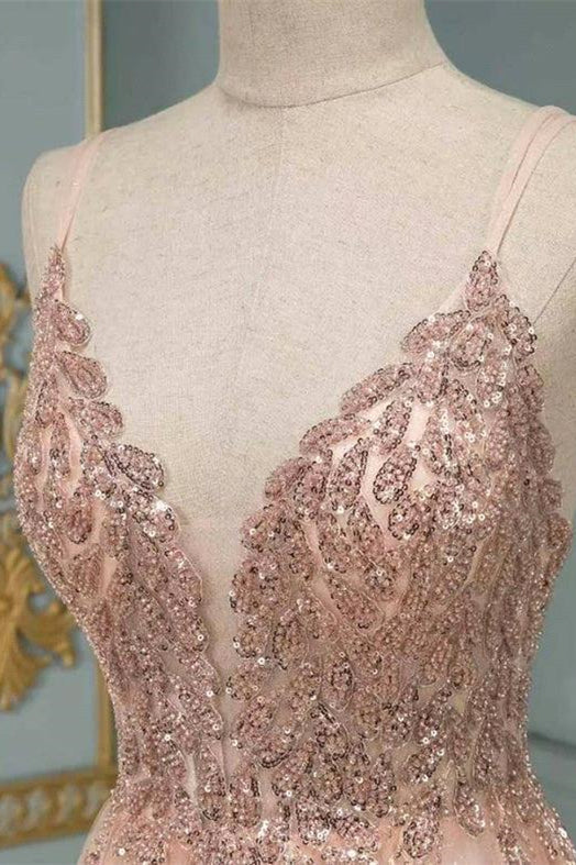 Vestido largo de noche elegante con tirantes finos, escote en V y encaje floral, vestido de fiesta de tul sin mangas y vuelo