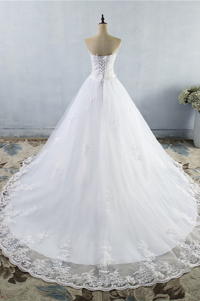 Sweetheart Neck Strapless A Line Wedding Dress With Lace Up Back Appliques