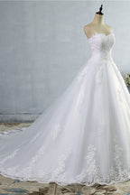 Sweetheart Neck Strapless A Line Wedding Dress With Lace Up Back Appliques