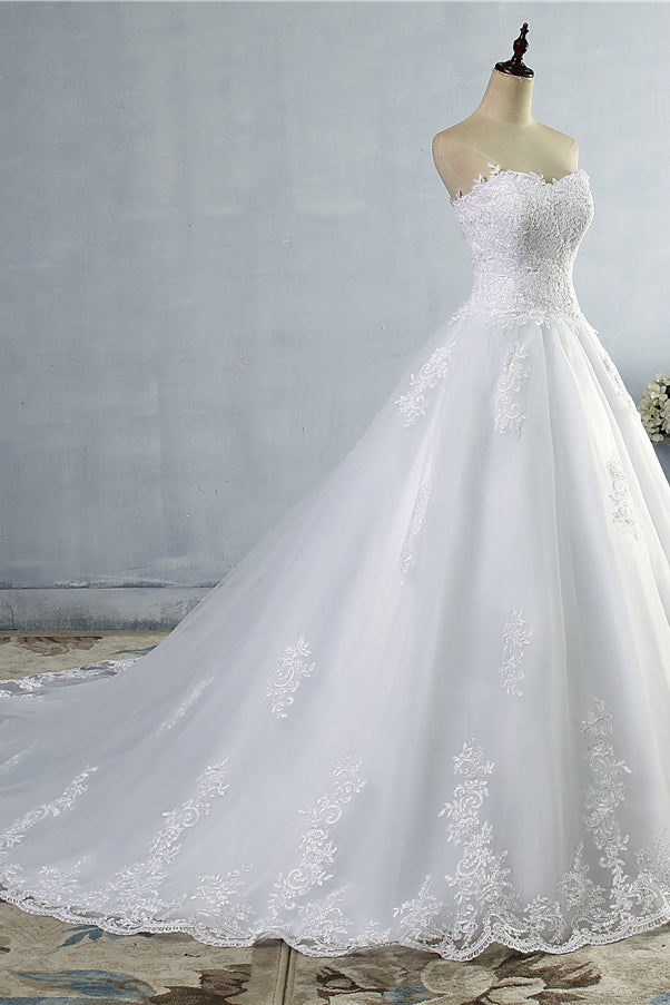 Sweetheart Neck Strapless A Line Wedding Dress With Lace Up Back Appliques