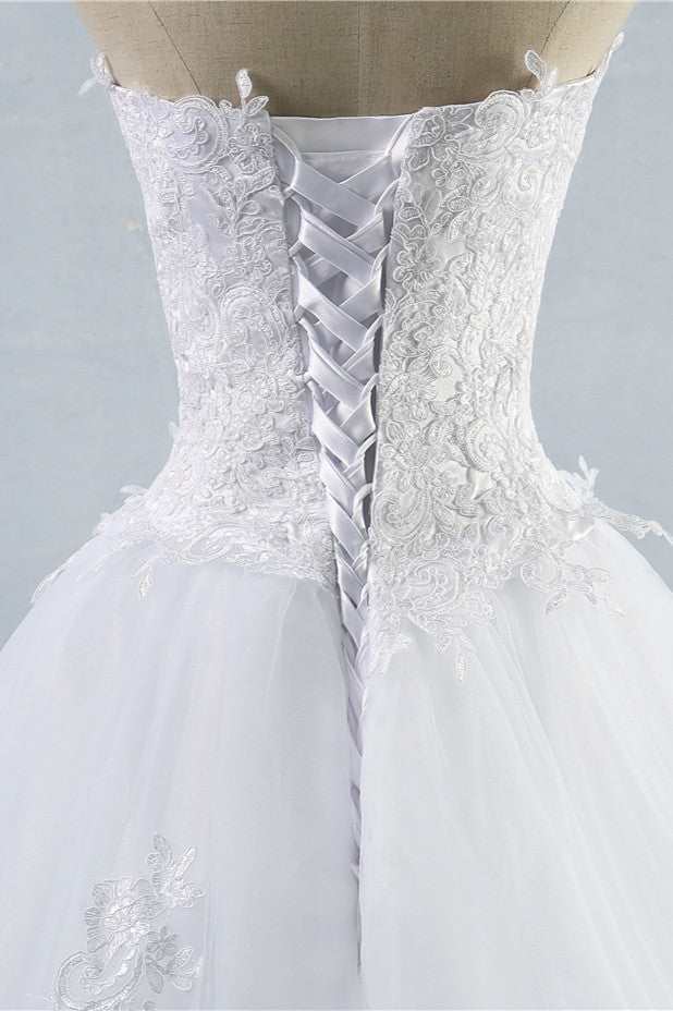 Sweetheart Neck Strapless A Line Wedding Dress With Lace Up Back Appliques