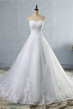 Sweetheart Neck Strapless A Line Wedding Dress With Lace Up Back Appliques
