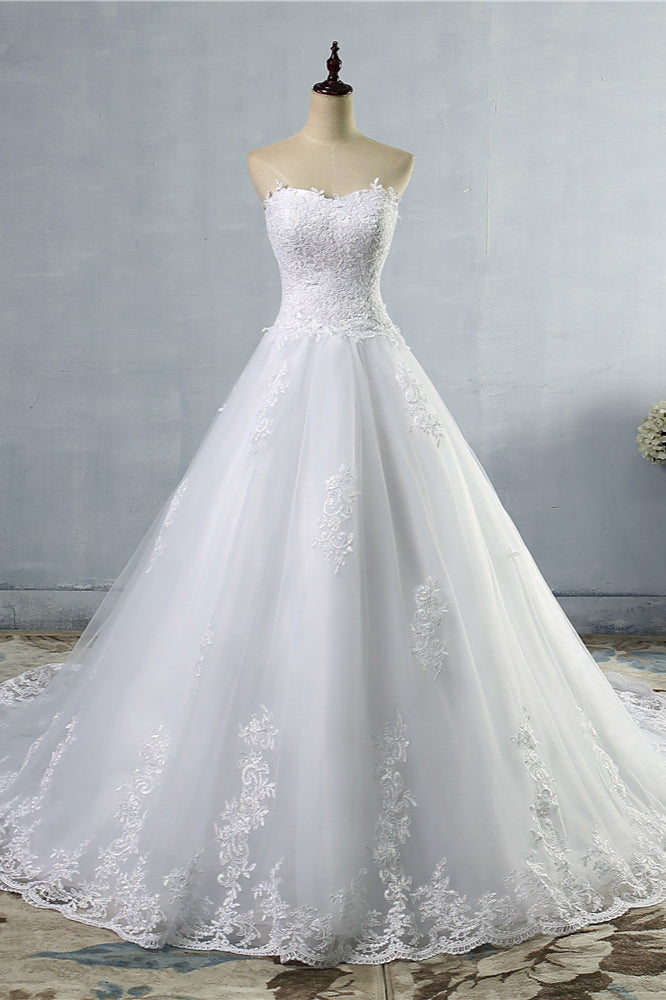 Sweetheart Neck Strapless A Line Wedding Dress With Lace Up Back Appliques