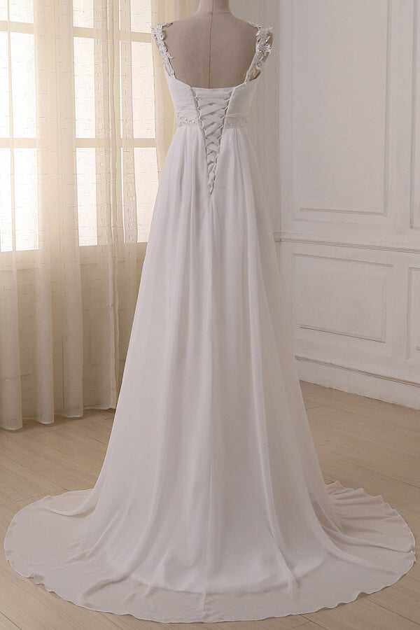V Neck Chiffon A Line Wedding Dress With Appliques White Bridal Gown
