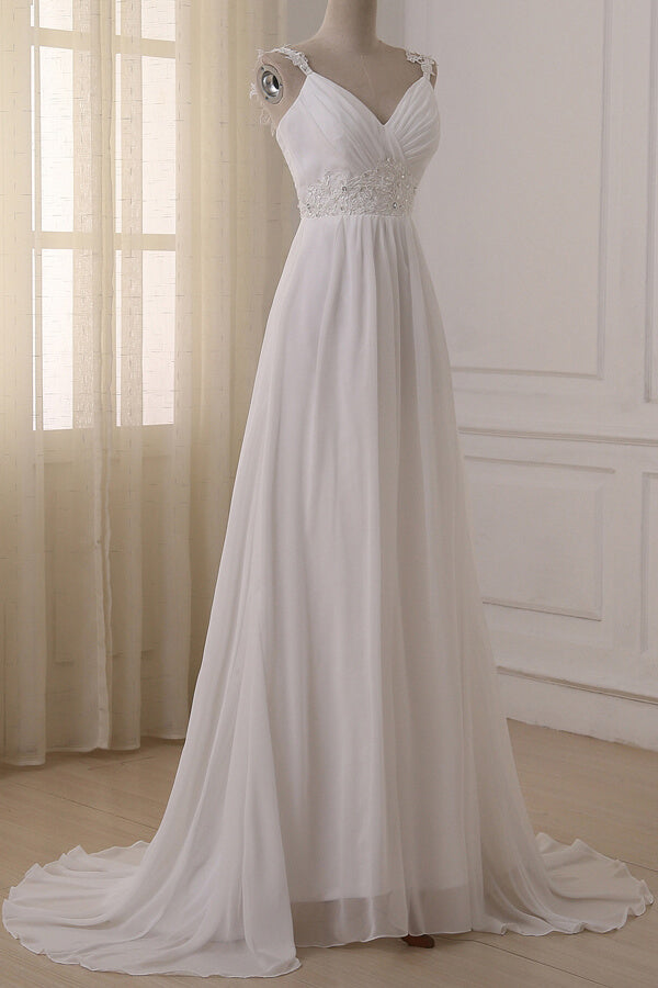 V Neck Chiffon A Line Wedding Dress With Appliques White Bridal Gown