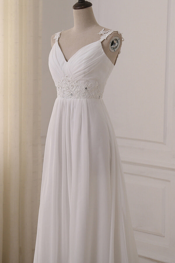 V Neck Chiffon A Line Wedding Dress With Appliques White Bridal Gown
