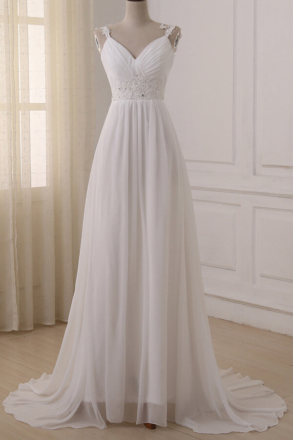 V Neck Chiffon A Line Wedding Dress With Appliques White Bridal Gown