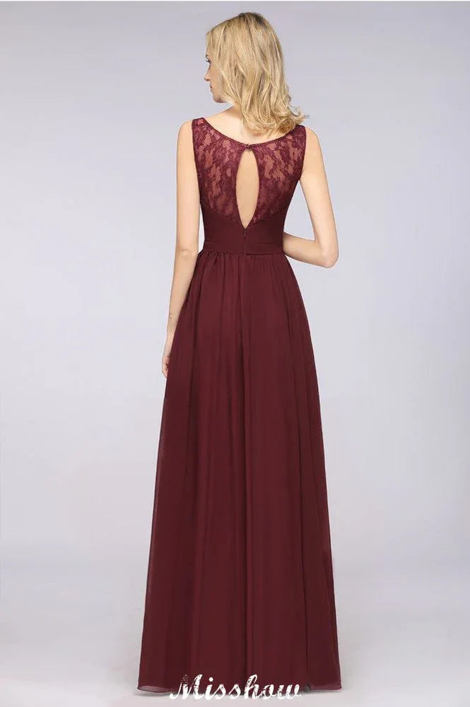 Vestido largo de noche elegante con escote en V y corte en línea A, sin mangas, de gasa, para damas de honor, color burdeos