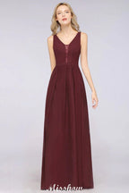 Vestido largo de noche elegante con escote en V y corte en línea A, sin mangas, de gasa, para damas de honor, color burdeos