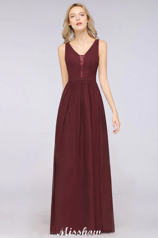 Vestido largo de noche elegante con escote en V y corte en línea A, sin mangas, de gasa, para damas de honor, color burdeos