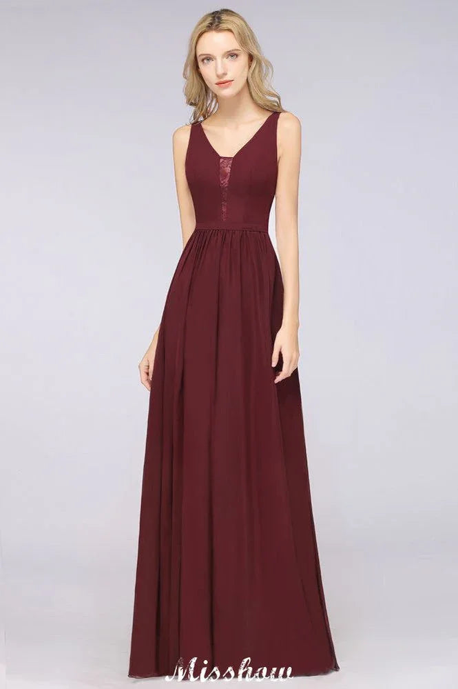 Vestido largo de noche elegante con escote en V y corte en línea A, sin mangas, de gasa, para damas de honor, color burdeos