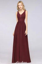 Vestido largo de noche elegante con escote en V y corte en línea A, sin mangas, de gasa, para damas de honor, color burdeos