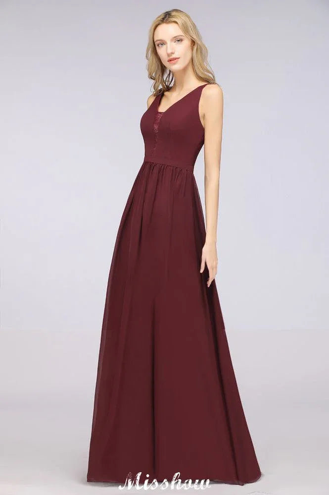 Vestido largo de noche elegante con escote en V y corte en línea A, sin mangas, de gasa, para damas de honor, color burdeos