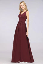 Vestido largo de noche elegante con escote en V y corte en línea A, sin mangas, de gasa, para damas de honor, color burdeos