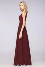 Vestido largo de noche elegante con escote en V y corte en línea A, sin mangas, de gasa, para damas de honor, color burdeos