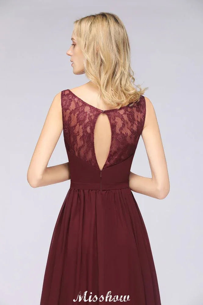 Vestido largo de noche elegante con escote en V y corte en línea A, sin mangas, de gasa, para damas de honor, color burdeos