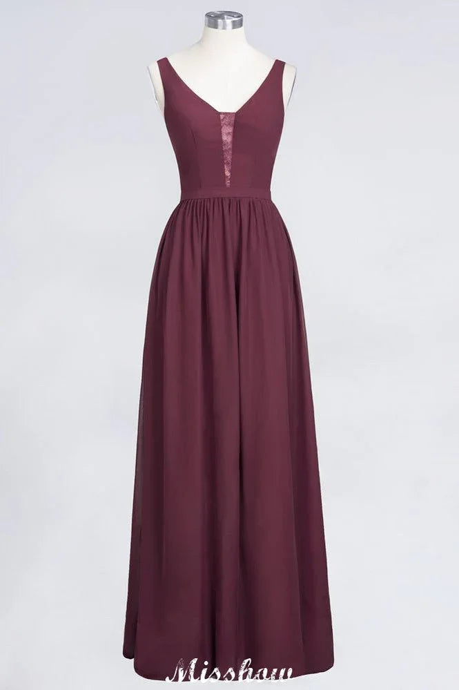Vestido largo de noche elegante con escote en V y corte en línea A, sin mangas, de gasa, para damas de honor, color burdeos
