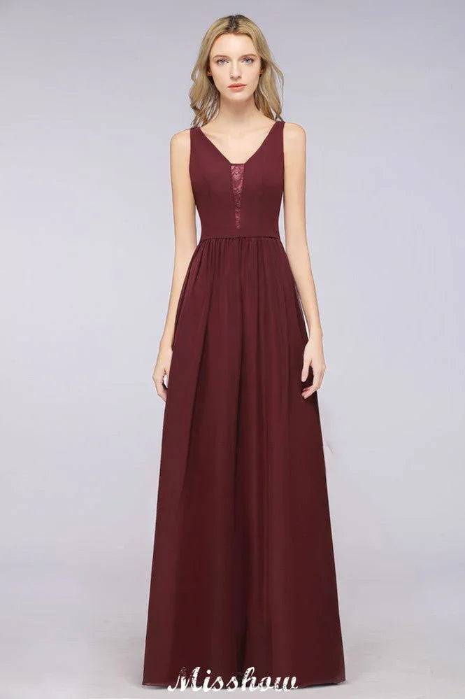 Vestido largo de noche elegante con escote en V y corte en línea A, sin mangas, de gasa, para damas de honor, color burdeos