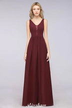 Vestido largo de noche elegante con escote en V y corte en línea A, sin mangas, de gasa, para damas de honor, color burdeos