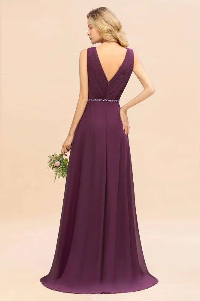 Vestito da festa elegante a scollo a V con orlo asimmetrico, linea a trapezio, perline, chiffon, vestito da damigella d'onore