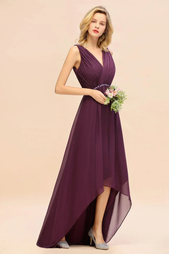 Vestito da festa elegante a scollo a V con orlo asimmetrico, linea a trapezio, perline, chiffon, vestito da damigella d'onore