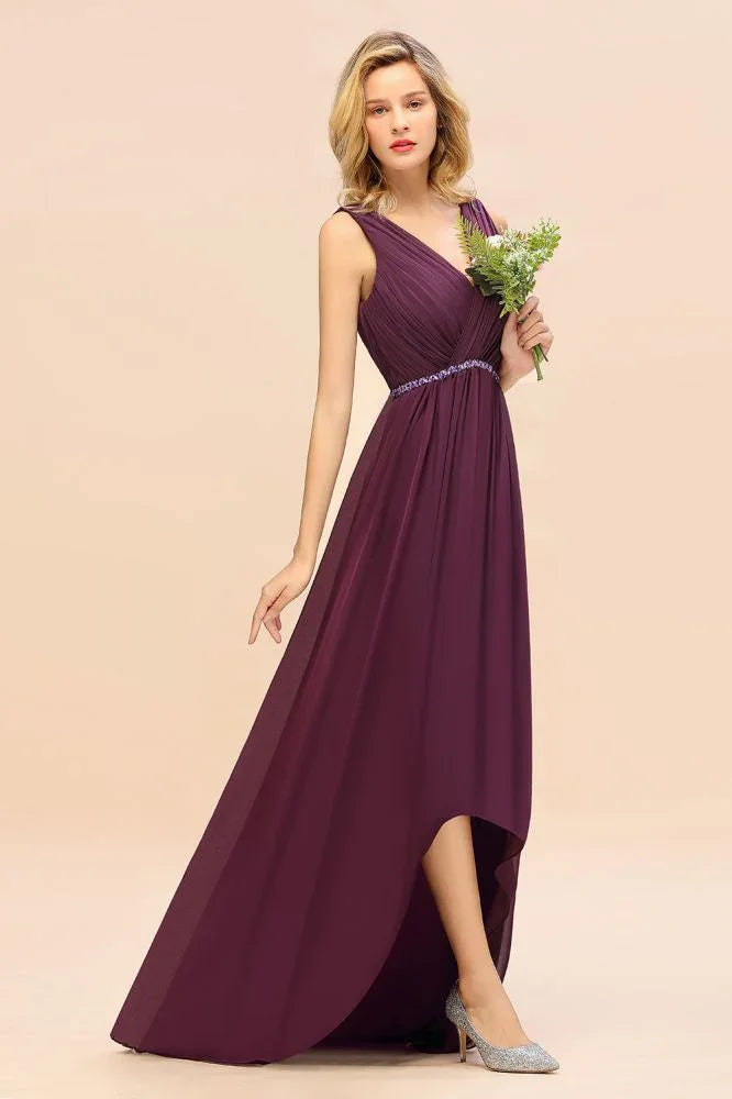 Vestito da festa elegante a scollo a V con orlo asimmetrico, linea a trapezio, perline, chiffon, vestito da damigella d'onore