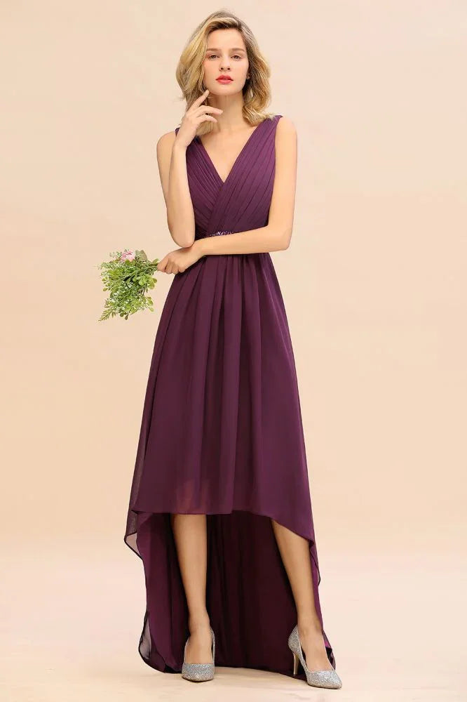 Vestito da festa elegante a scollo a V con orlo asimmetrico, linea a trapezio, perline, chiffon, vestito da damigella d'onore