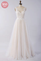 V Neck Tulle Wedding Dress With Appliques And Lace A Line Gown Bridal On Sale