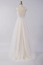 V Neck Tulle Wedding Dress With Appliques And Lace A Line Gown Bridal On Sale