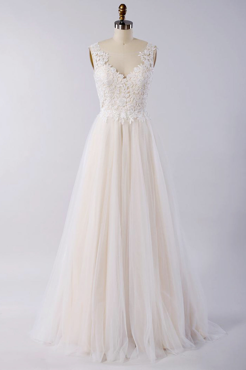 V Neck Tulle Wedding Dress With Appliques And Lace A Line Gown Bridal On Sale
