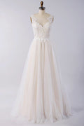 V Neck Tulle Wedding Dress With Appliques And Lace A Line Gown Bridal On Sale