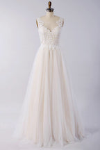 V Neck Tulle Wedding Dress With Appliques And Lace A Line Gown Bridal On Sale