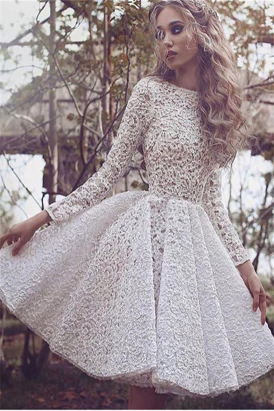 Fabulosos vestidos de fiesta cortos de encaje con mangas largas y vestidos de bienvenida.
