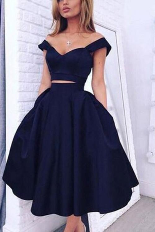 Elegant Dark Navy Two Pieces Off Shoulder Short Homecoming Dresses