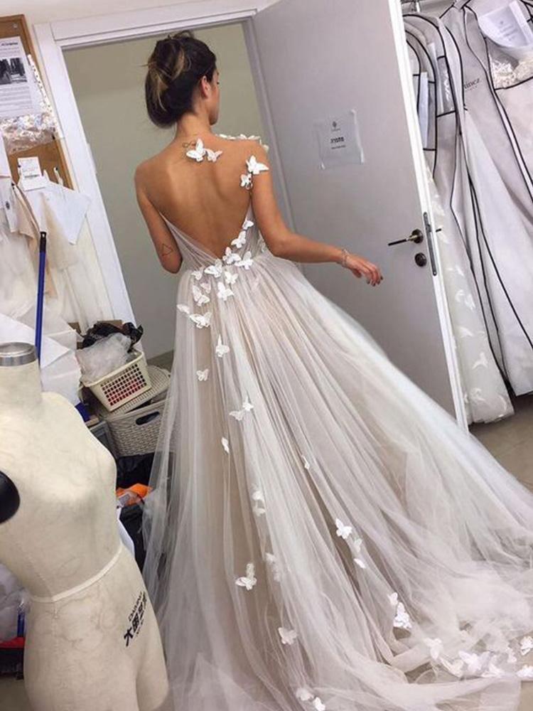 Süßes A-Linien-Brautkleid mit V-Ausschnitt und offenem Rücken aus Tüll in Elfenbein mit Applikationen