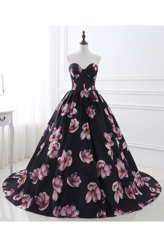 Herzausschnitt A-Linie Langes Abendkleid mit Blumenmuster