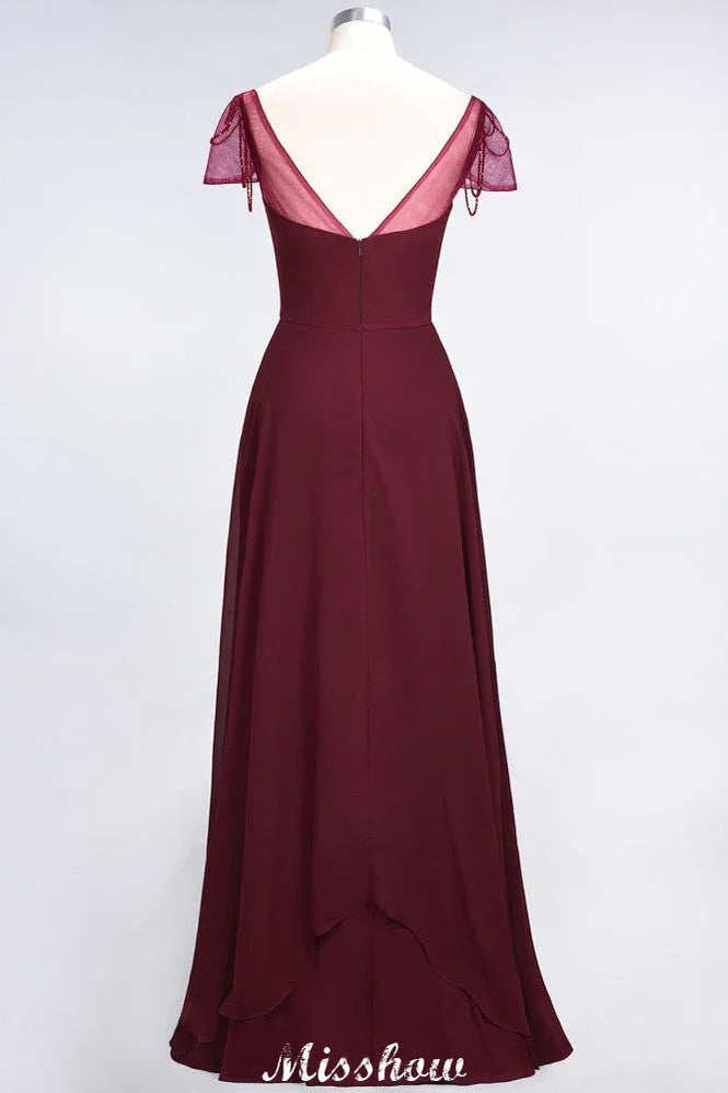 Vestido de dama de honor con volantes, manga corta tipo capa, largo hasta el suelo y abalorios Moher si la novia viste