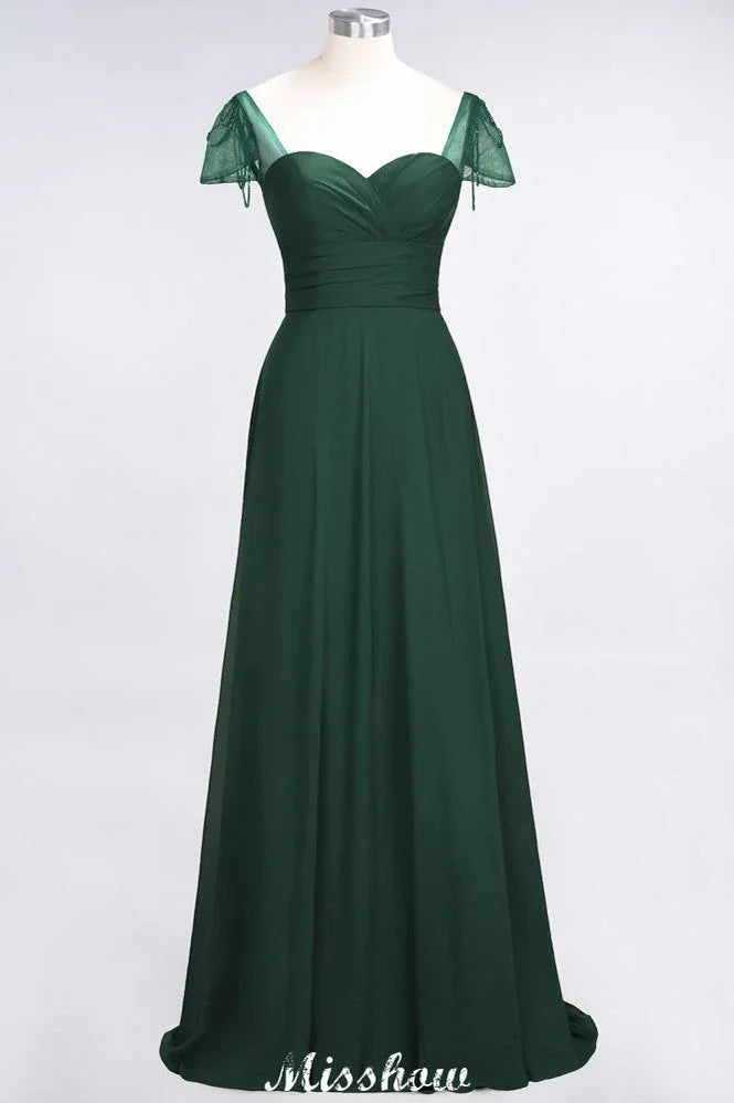 Vestido de dama de honor con volantes, manga corta tipo capa, largo hasta el suelo y abalorios Moher si la novia viste