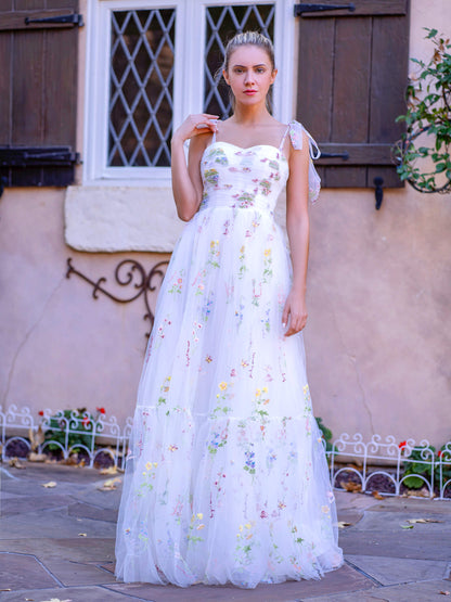 Vestido de fiesta con escote corazón, largo hasta el suelo, de tul bordado floral