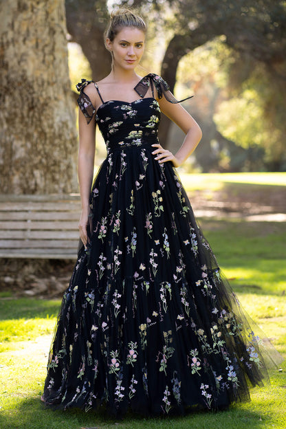 Vestido de fiesta con escote corazón, largo hasta el suelo, de tul bordado floral