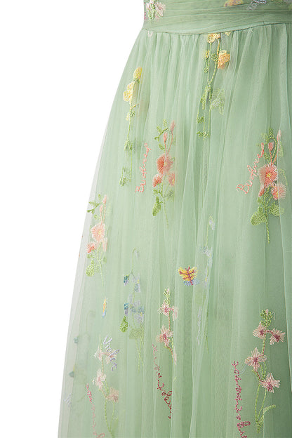 Vestido de fiesta con escote corazón, largo hasta el suelo, de tul bordado floral