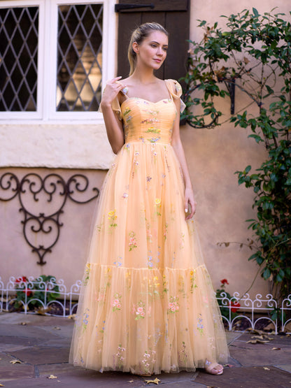 Vestido de fiesta con escote corazón, largo hasta el suelo, de tul bordado floral