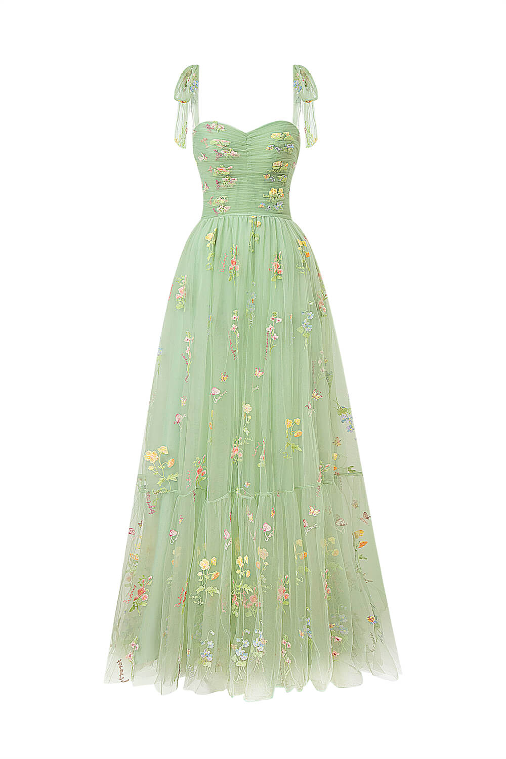 Vestido de fiesta con escote corazón, largo hasta el suelo, de tul bordado floral