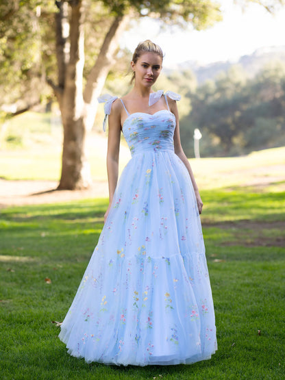 Vestido de fiesta con escote corazón, largo hasta el suelo, de tul bordado floral