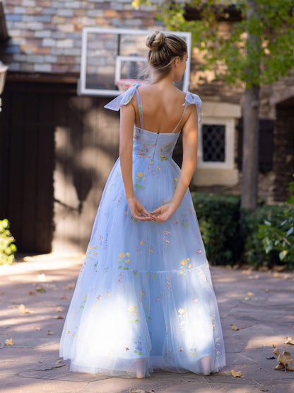 Vestido de fiesta con escote corazón, largo hasta el suelo, de tul bordado floral