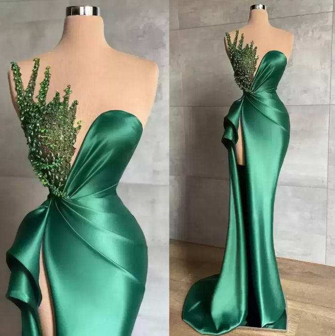 Vestido de Baile Verde Coração Longo Sereia Brilhante Sem Mangas com Contas
